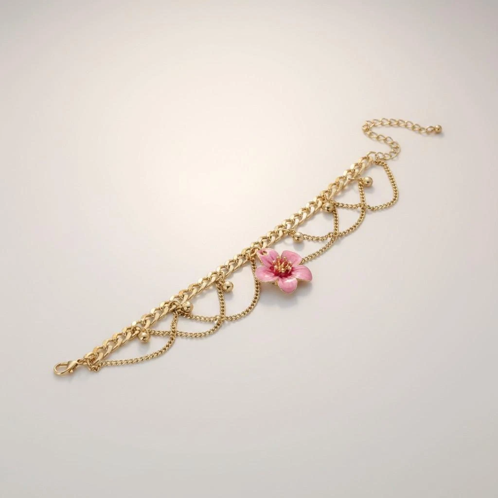 Tornozeleira dourada com correntes e flor rosa 2877 a 6,99€ – photo 2